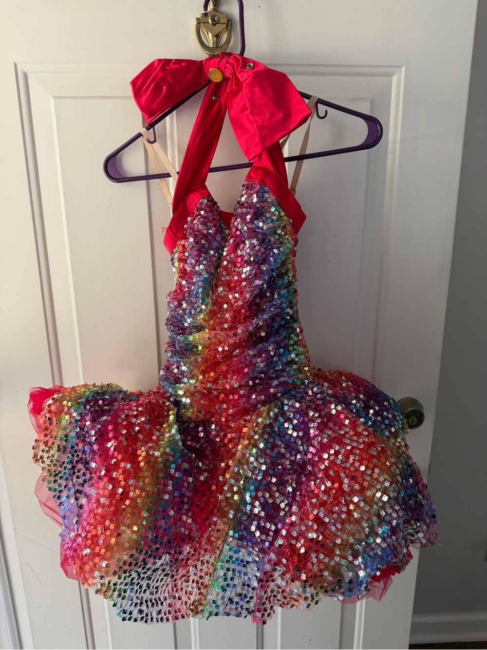 Weissman Rainbow Sequin Halter Dress with Hot Pink Bow